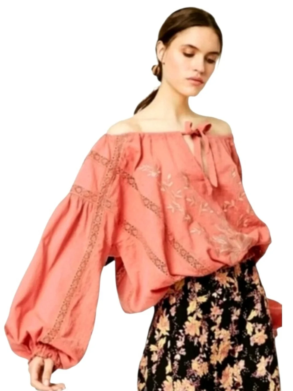 Free People Maria Maria Embroidered Top in Athena Puff Sleeve Size XS